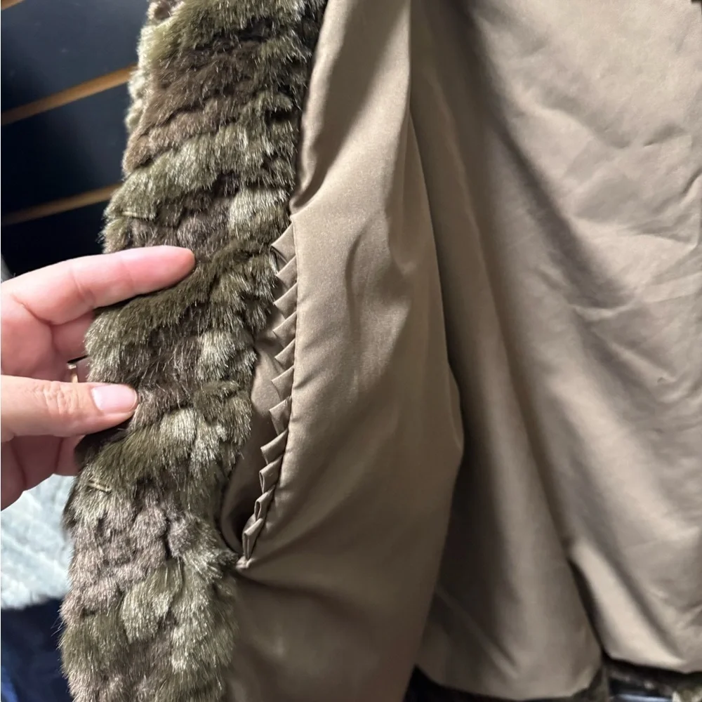 Adrienne Landau Faux Fur Jacket Brown Chevron Quarter Sleeve Size 1X